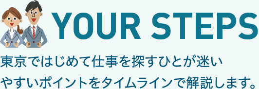 YOUR STEPS Chúng tôi sẽ giải thích theo trình tự thời gian những điểm chính mà những người lần đầu tiên tìm việc ở Tokyo có thể dễ dàng bị bối rối.